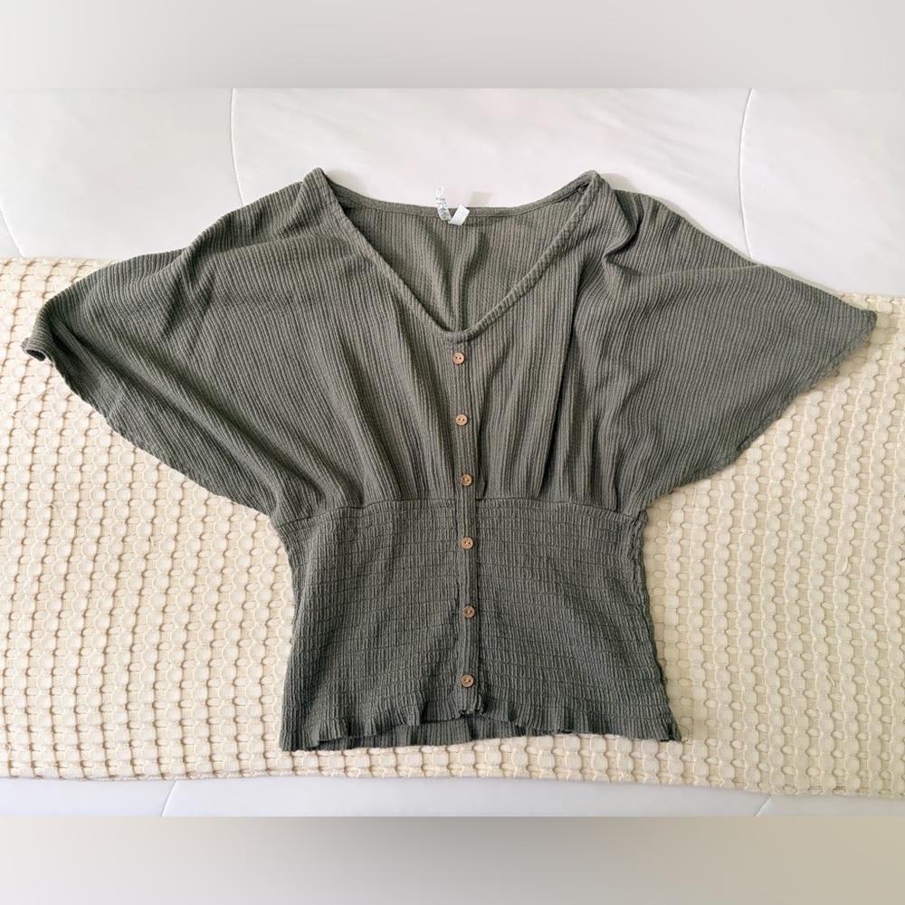 Olive Ribbed Smocked Top